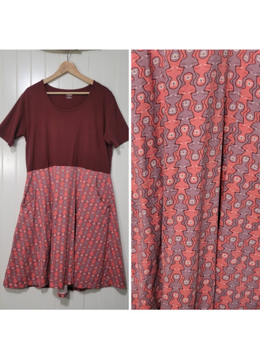 XL Svaha Sloth Print Whimsical Ms. Frizzle Organic Cotton Burgundy Twirl Dress